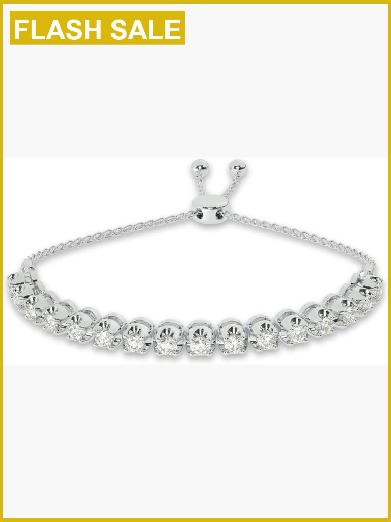 Lab Grown Diamond Bracelet, White Gold Plated Sterling Silver, Adjustable Bolo